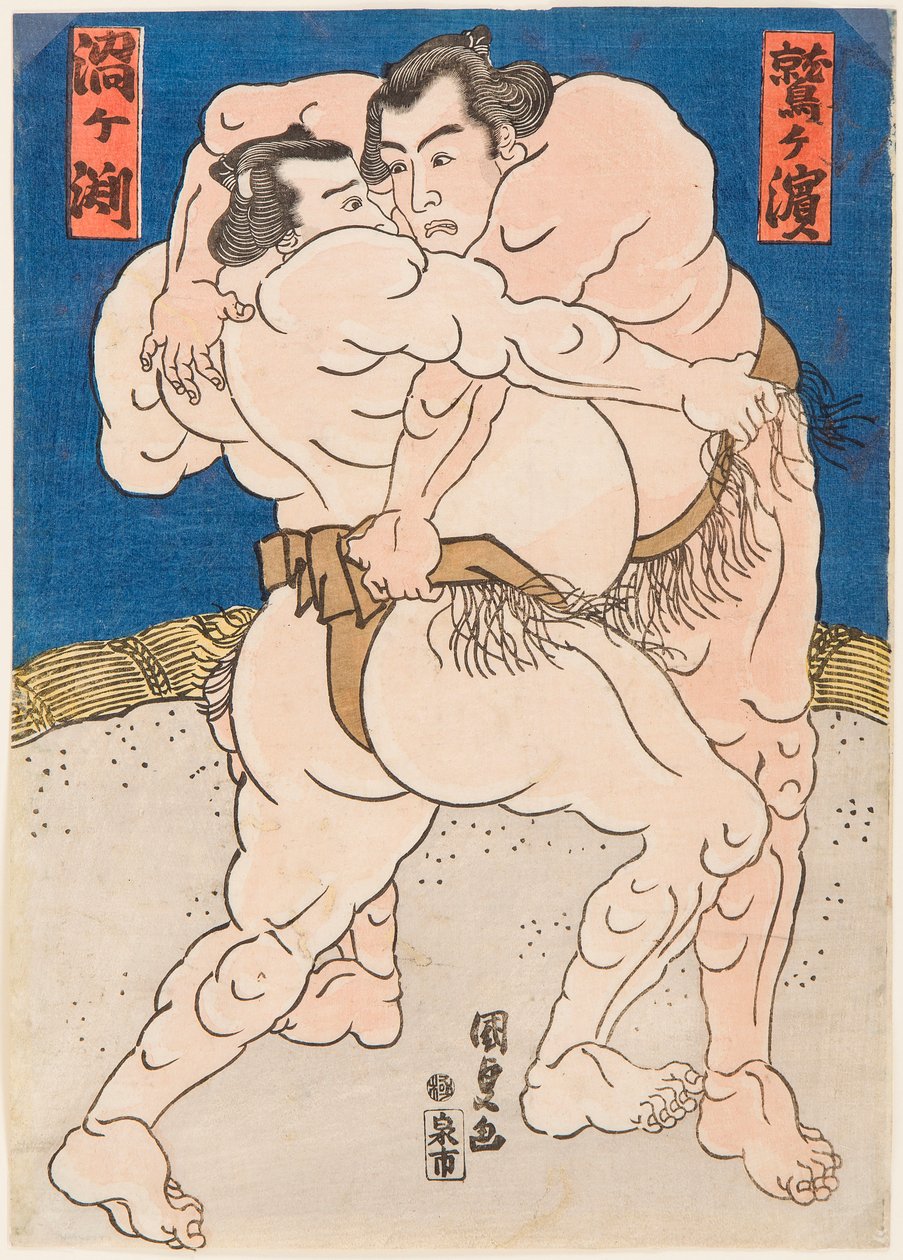 Taisteluta taistelijoita Uzugafuchista ja Washigahamasta. Estampe de Utagawa Kunisada (1786-1865), versio 1830 - Painiottelu Uzugafuchi vs Washigahama, kirjoittaja Kunisada (Toyokuni III), Utagawa (1786-1865). Värillinen puupiirros, c. 1830. Mitat: 37x26 c tekijältä Utagawa Kunisada