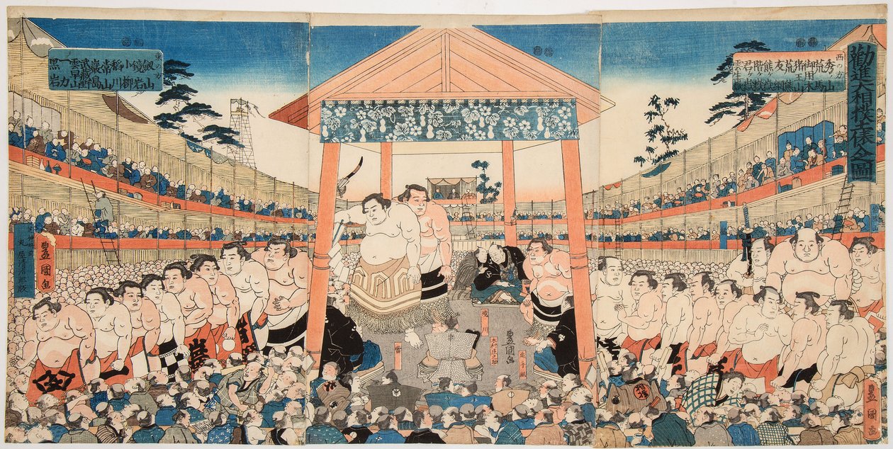 Kanjin Ozumo (sumopainijoiden kulkue rahankeräystaistelua varten). Utagawa Kunisadan (1786-1865) vedos - Kanjin Ozumo, Kunisada (Toyokuni III), Utagawa (1786-1865). Värillinen puupiirros, c. 1850. Mitat : 37,5x75,5 cm. Yksityinen kokoelma tekijältä Utagawa Kunisada