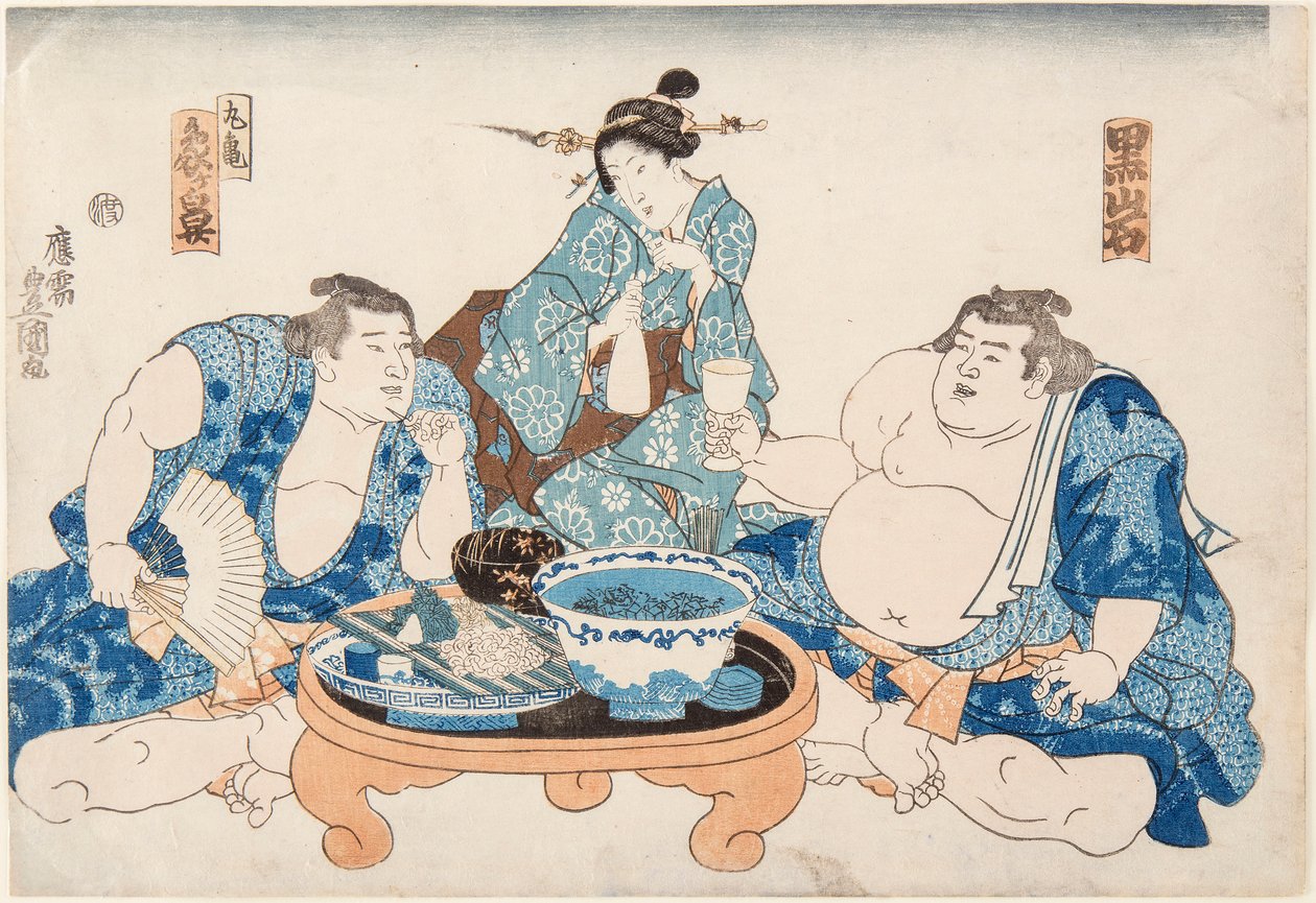 Sumopainijat Kuroiwa ja Zogahana geishan kanssa. Painos Utagawa Kunisada (1786-1865) tekijältä Utagawa Kunisada