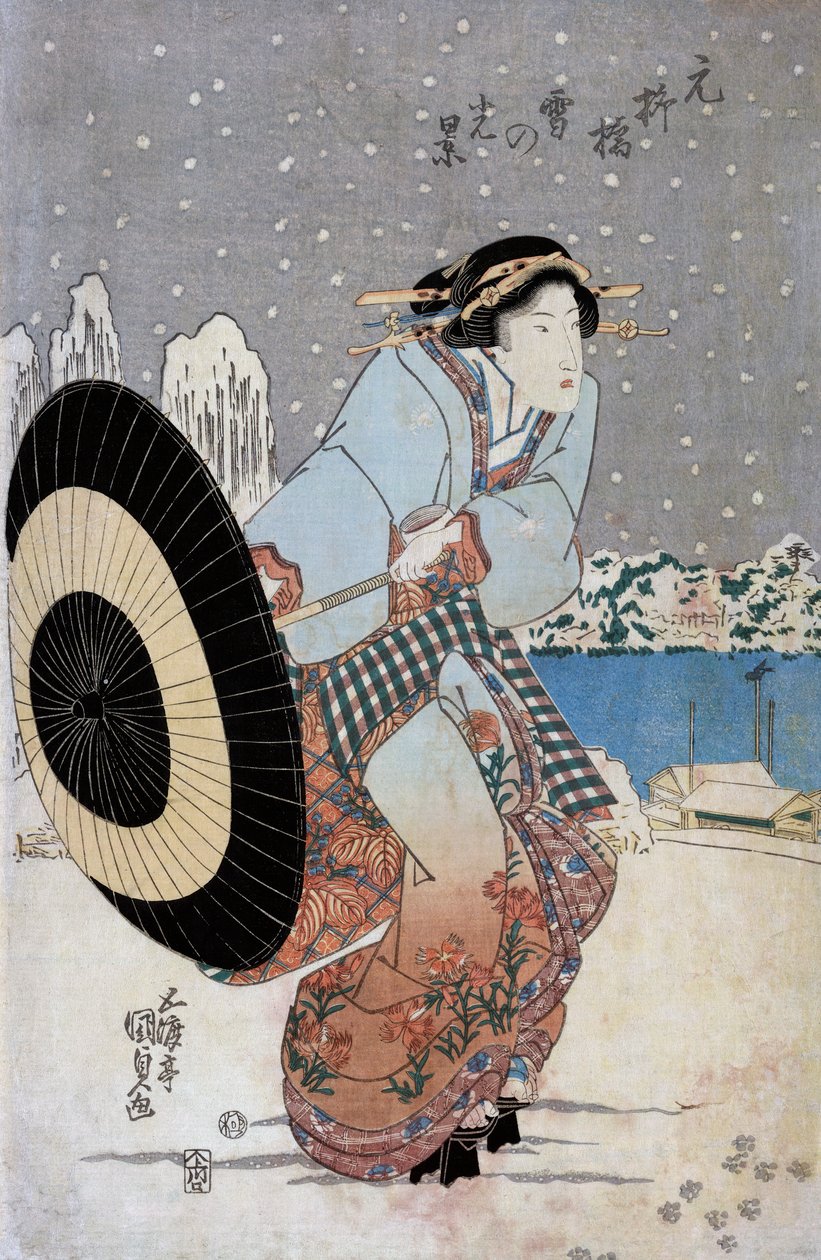 Yön lumikohtaus Motonoyanagi-sillalla, n. 1825 (puupainatus) tekijältä Utagawa Kunisada
