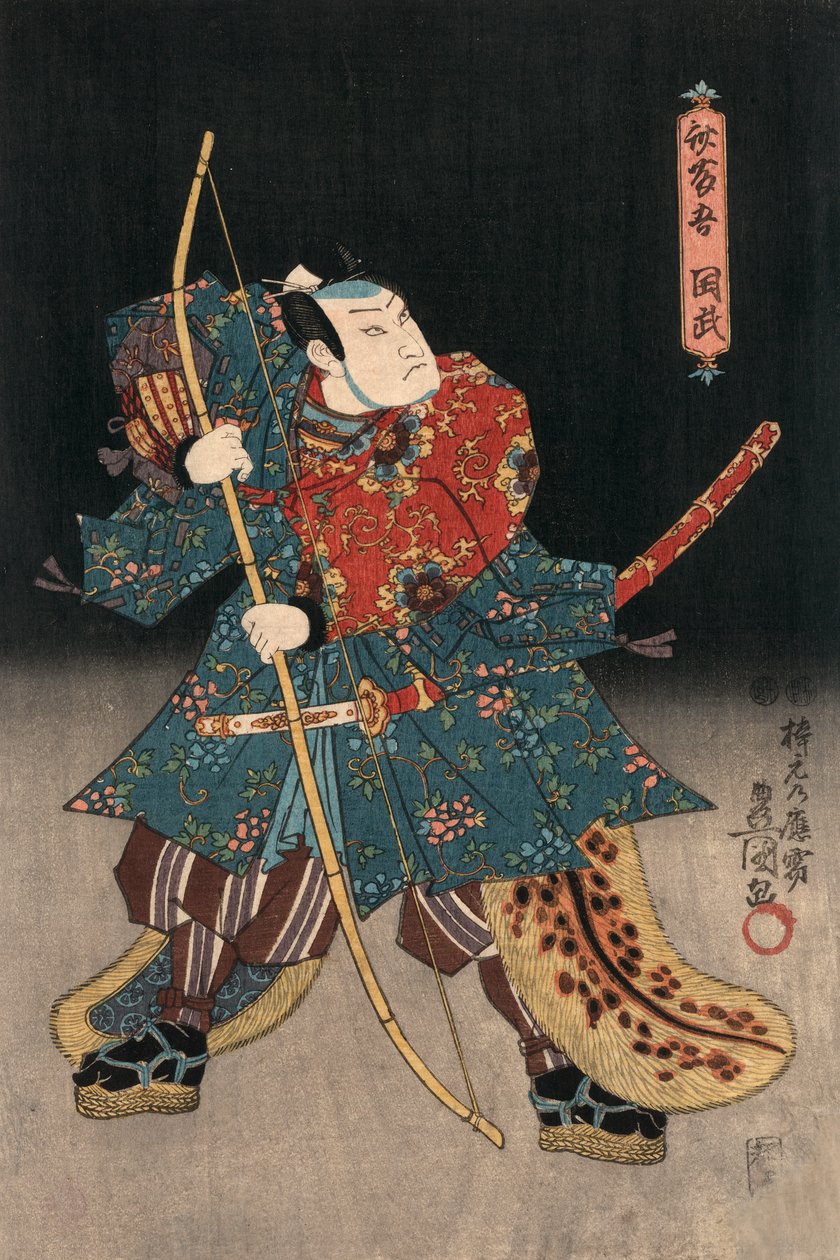 Kunisadan Ukiyo-e Print samuraita näyttelevästä näyttelijästä tekijältä Utagawa Kunisada