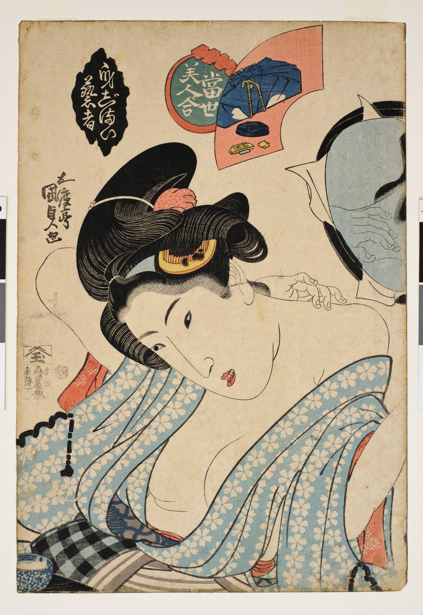 Japanilainen taide: lähtövalmistelut; Tulossa valmistelut - Kauniiden naisten kilpailu - Painokuva Utagawa Kunisada (Toyokuni III) (1786-1865), linoleikkaus (37,8x25,7 cm), noin 1830, Edo-kausi (1600-1868) - Honolulu Ac tekijältä Utagawa Kunisada