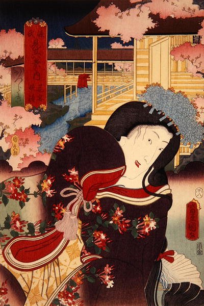 Hana-no-en bansho Katsuragi Genji mitate hakkei no uchi (kukkajuhla, iltakello: Katsuragi), n. 1808-58 tekijältä Utagawa Kunisada