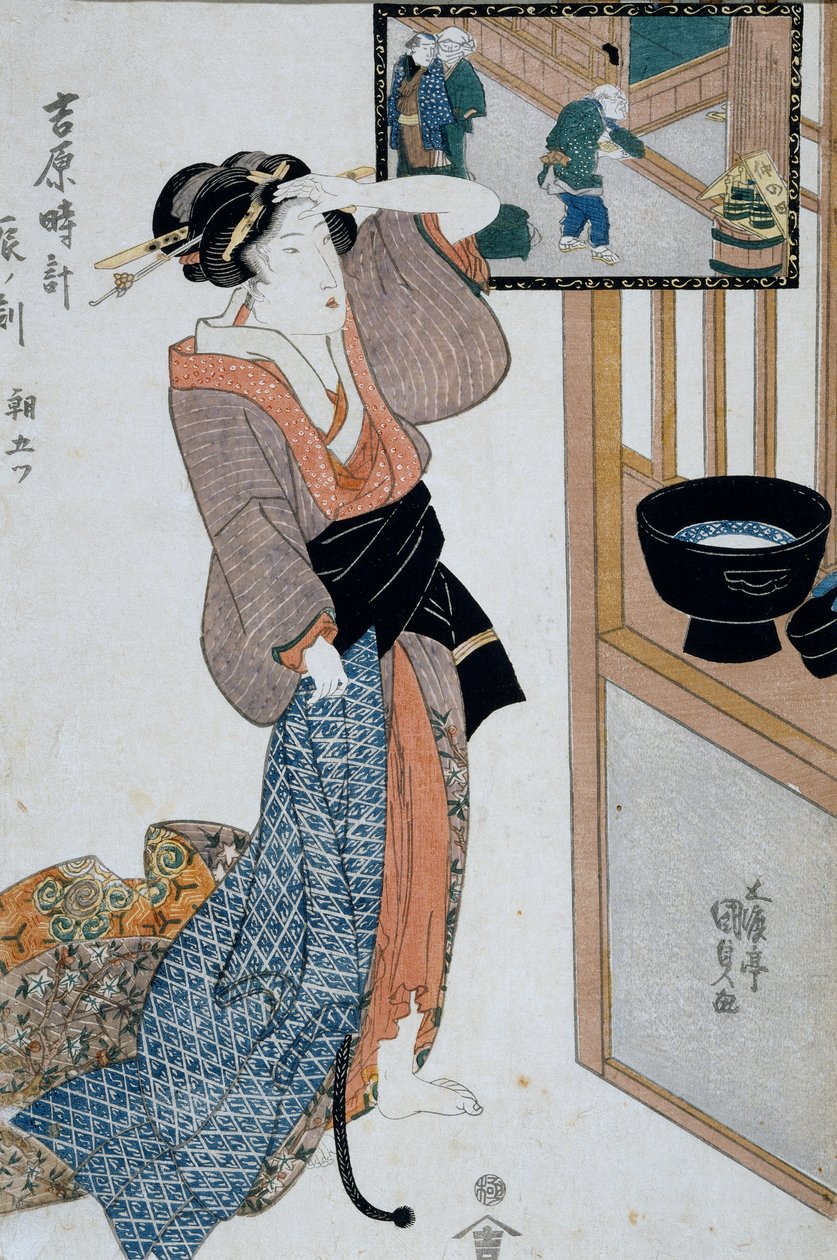Tigerin tunti, seitsemäs aamun tunti, n. 1818, Ukiyo-e-taidevedos, Utagawa Kunisada (1786-1865) teoksesta The 12 hours in Yoshiwara, Oban-tate-e-puupiirros, 37x24,9 cm, japanilainen sivilisaatio tekijältä Utagawa Kunisada
