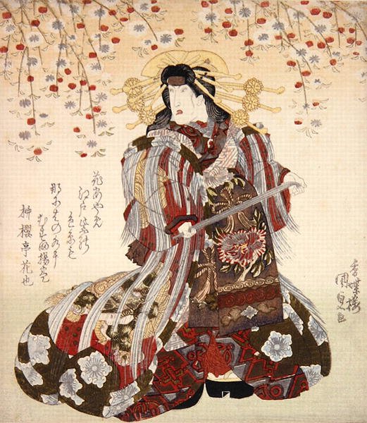 Iwai Kumesaburo II Agemakina Sukeroku yukari no Edo zakura c.1830 (värillinen puupalikkaprintti) tekijältä Utagawa Kunisada