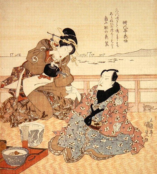Onoe Kikugoro III juo teetä Shinagawassa, n. 1825 (värillinen puupalikkaprintti) (katso myös 282741) tekijältä Utagawa Kunisada