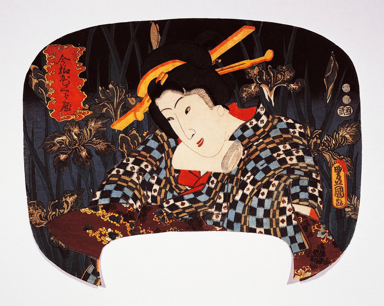 Kurtisaani muotokuva iiris taustalla tekijältä Utagawa Kunisada