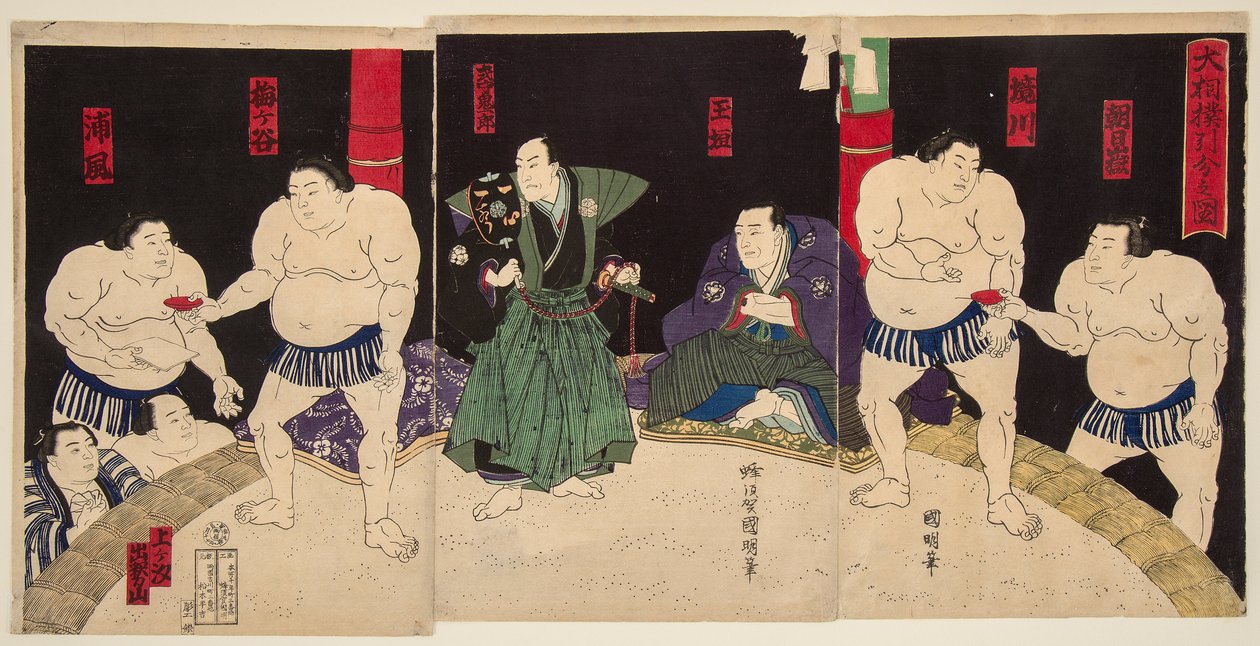 Sumopainien Umegatanin ja Sakaigawan taistelu. Painos Utagawa Kuniaki (1835-1888) tekijältä Utagawa  Kuniaki