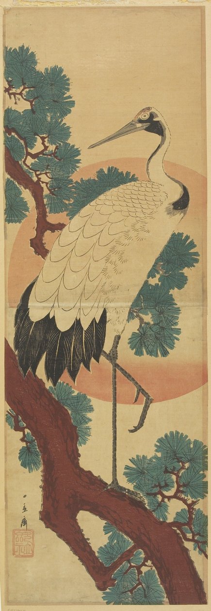 (Nosturi männyn oksalla) tekijältä Utagawa Hiroshige