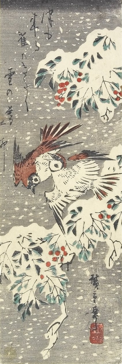 (Taivaallinen bambu ja varpuset lumessa), 1830-1858 tekijältä Utagawa Hiroshige