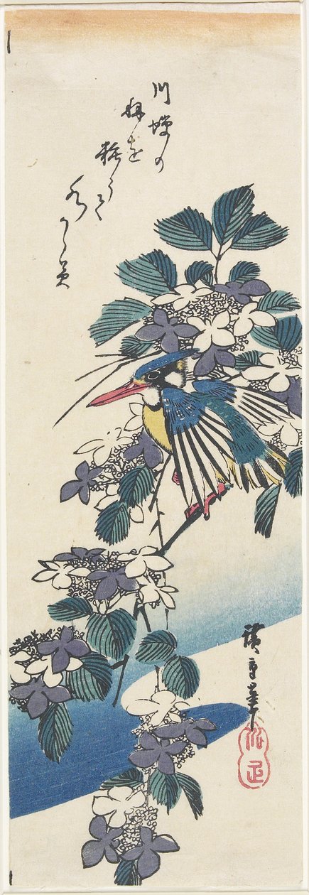 (Jääskeläinen ja hortensia) tekijältä Utagawa Hiroshige