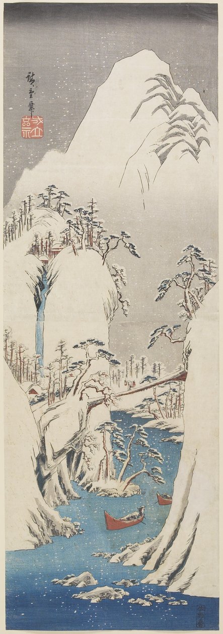 (Kiso Gorge in Snow), n. 1840-1842. tekijältä Utagawa Hiroshige