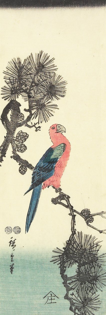 (Papukaija männyllä), 1847-1852 tekijältä Utagawa Hiroshige