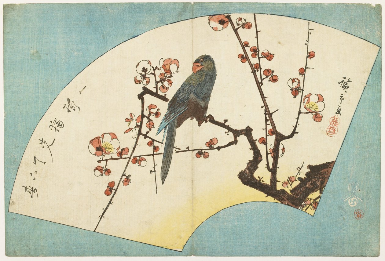 (Papukaija kukkivalla luumulla), 1800-luvun puoliväli tekijältä Utagawa Hiroshige