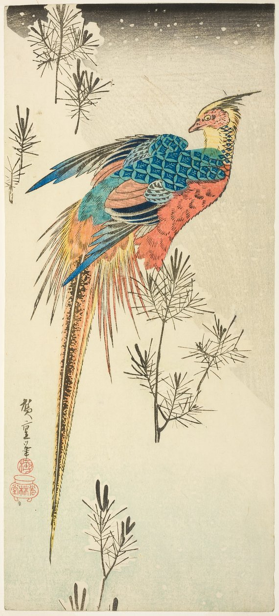 Kultafasaani kyydissä jyrkän lumisen rinteessä pienten männyntaimien keskellä tekijältä Utagawa Hiroshige