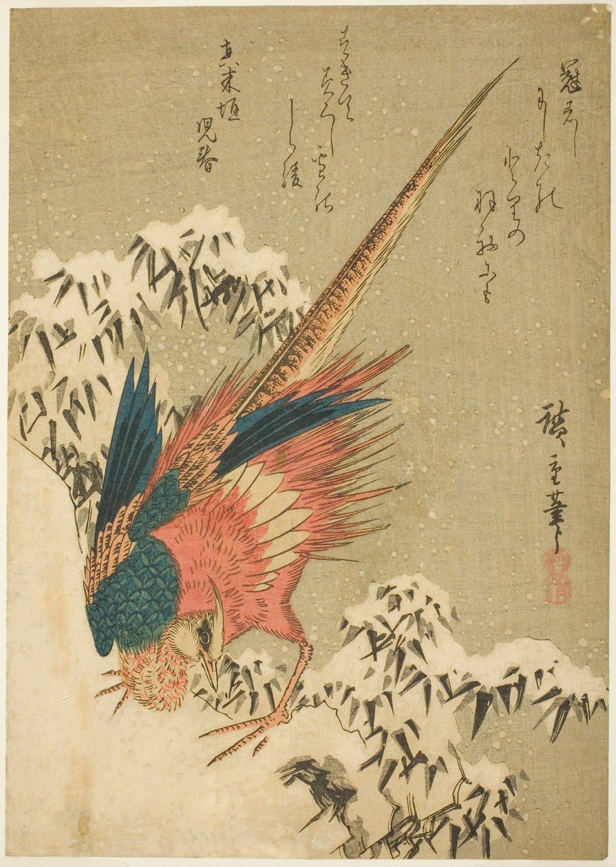 Kultainen fasaani lumen peittämän bambun keskellä jyrkällä rinteellä tekijältä Utagawa Hiroshige