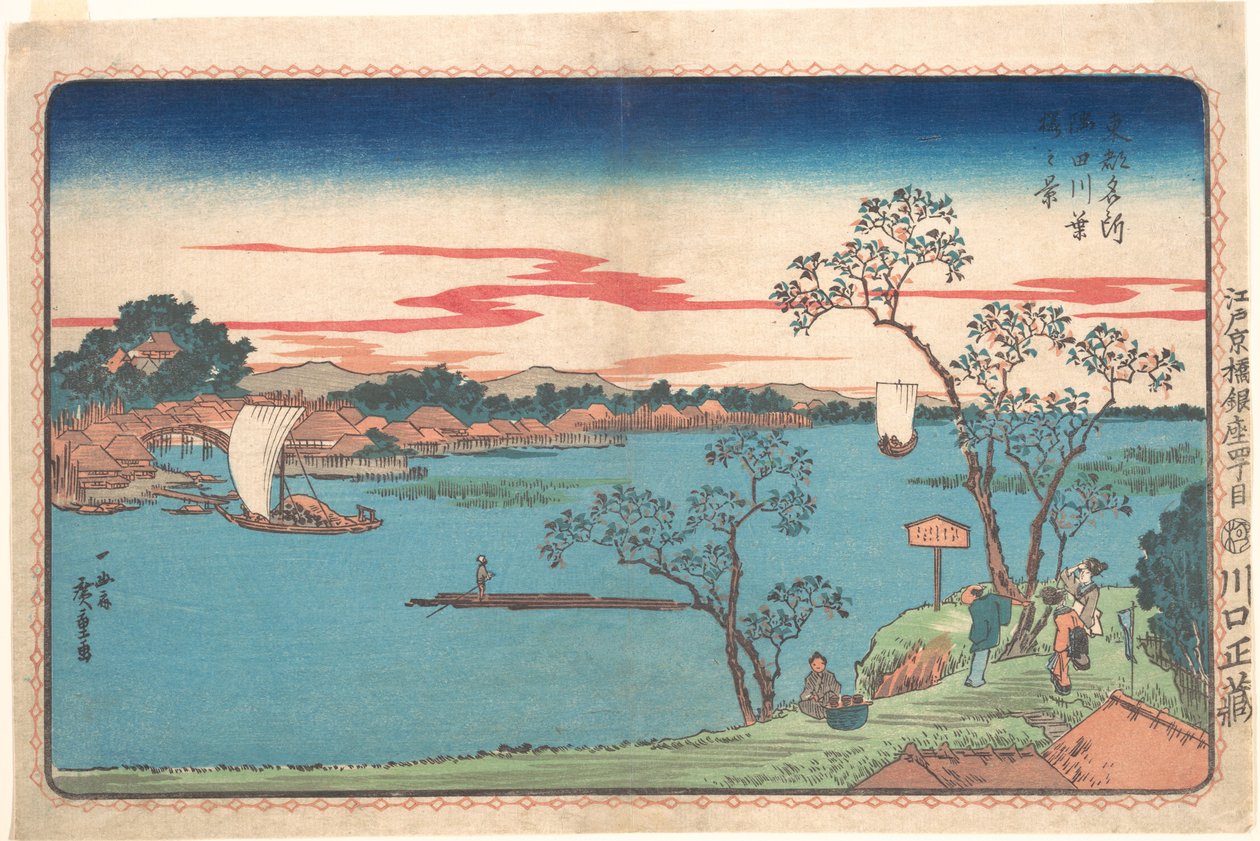 Näkymä lehteen puhjenneisiin kirsikkapuihin Sumidajoen varrella tekijältä Utagawa Hiroshige