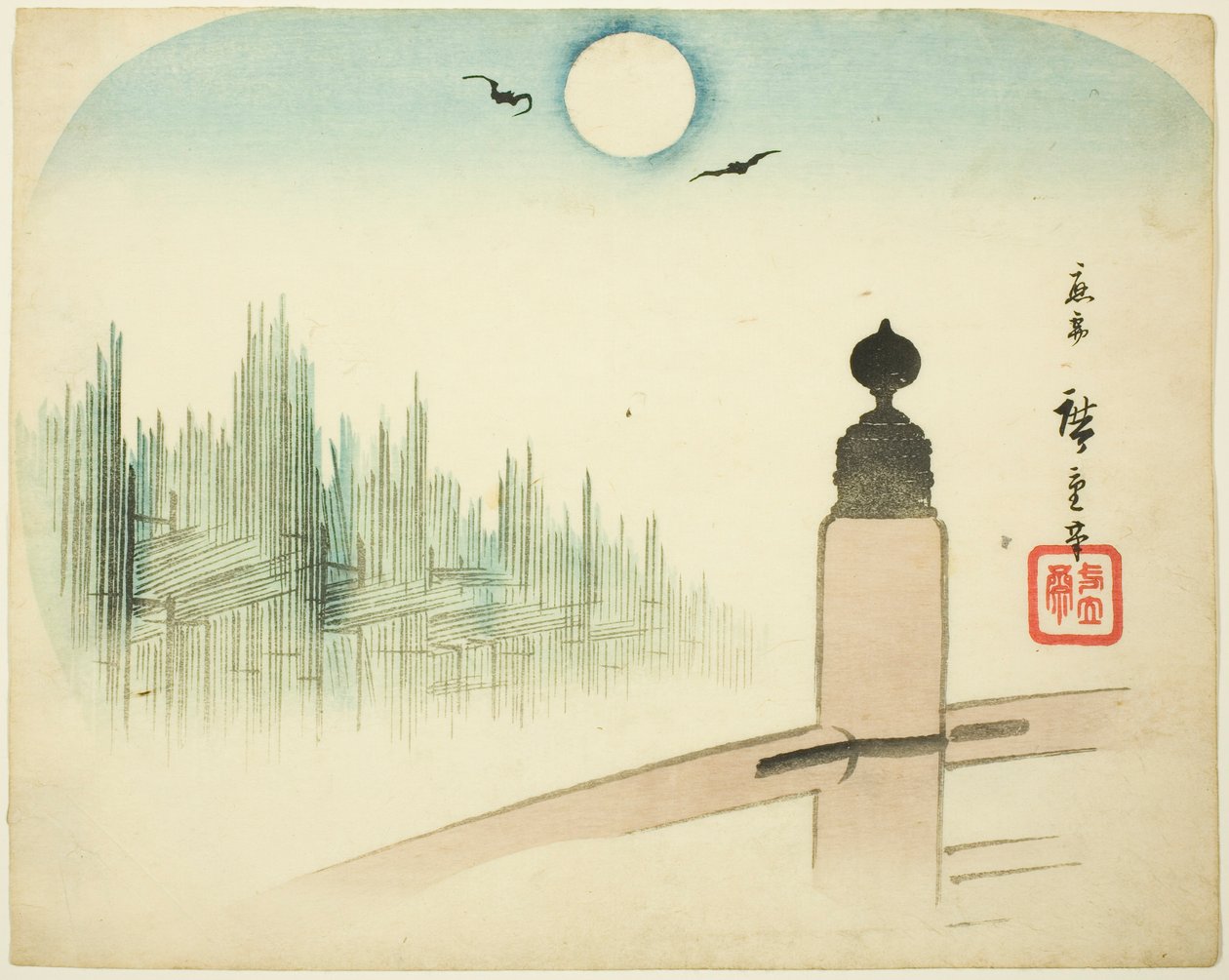 Näkymä puupihoille sillalta tekijältä Utagawa Hiroshige