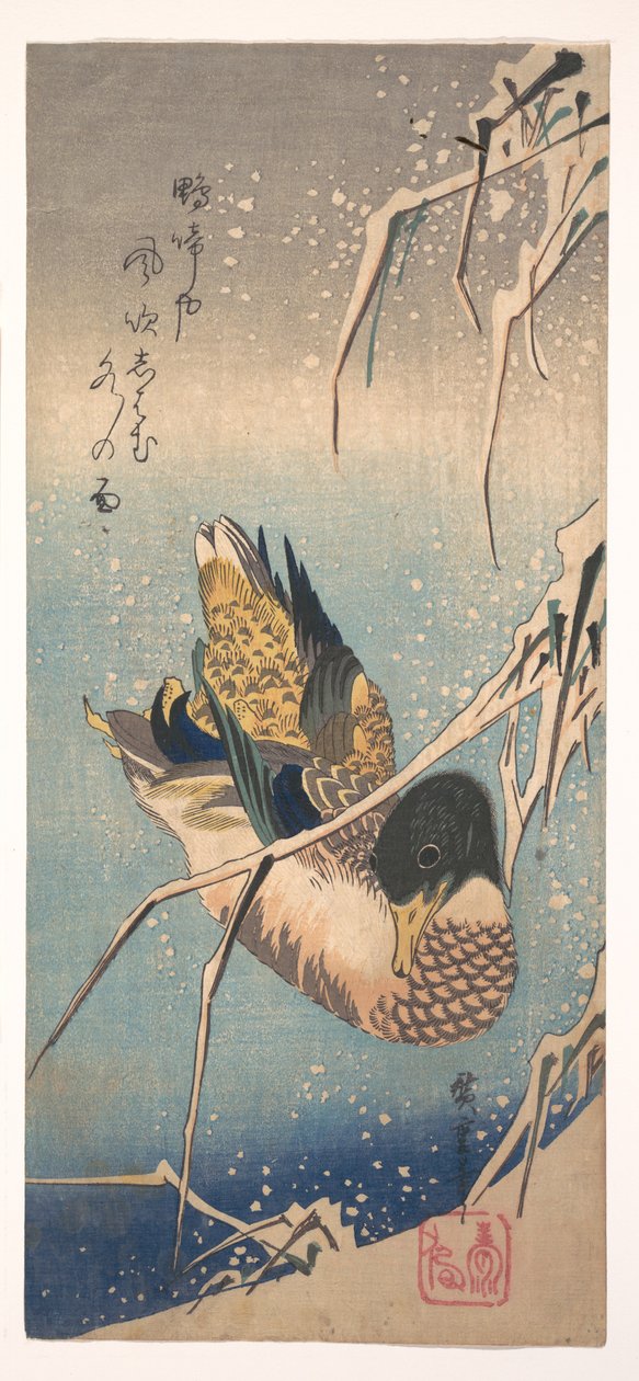 Villi sorsa lumipeitteisen rannan lähellä tekijältä Utagawa Hiroshige