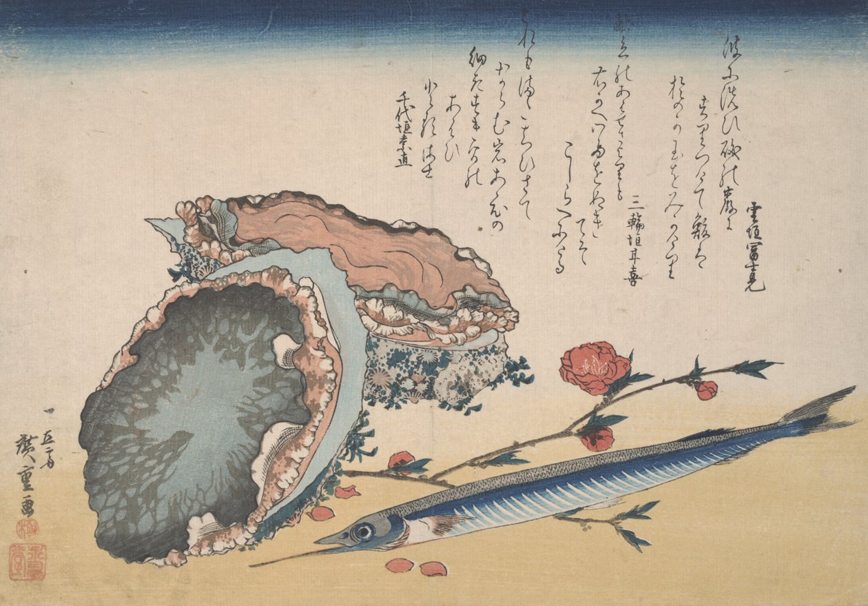 Abalone, Half Beak ja Persikkakukka tekijältä Utagawa Hiroshige