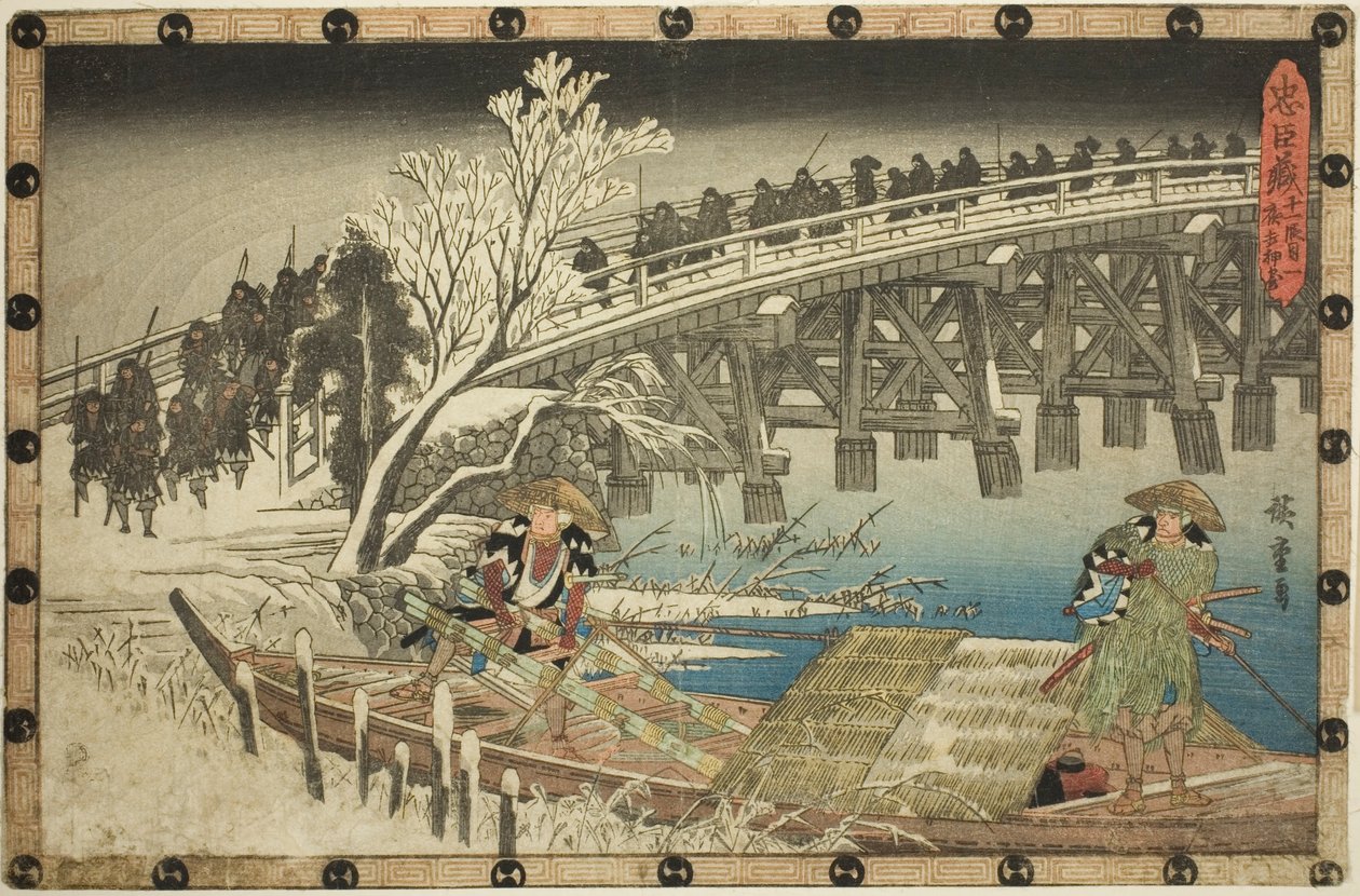 Act 11, osa 1: The Approach to the Night Attack (Juichidanme ichi, yochi oshiyose), sarjasta "Uskollisten pidättäjien kosto (Chushingura)" tekijältä Utagawa Hiroshige