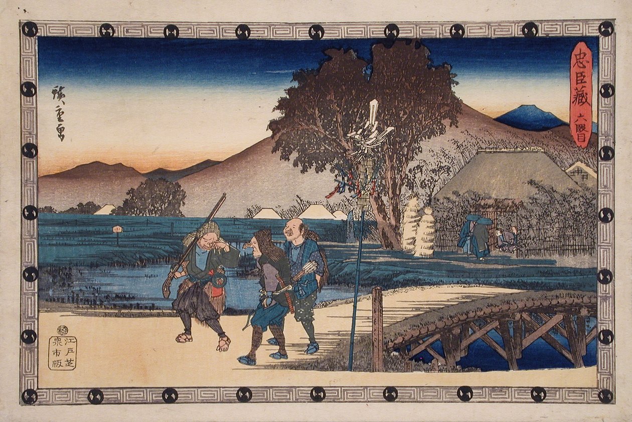VI näytös: metsästäjät palaavat vietyään murhatun Yoichibein ruumiin hänen mökilleen tekijältä Utagawa Hiroshige