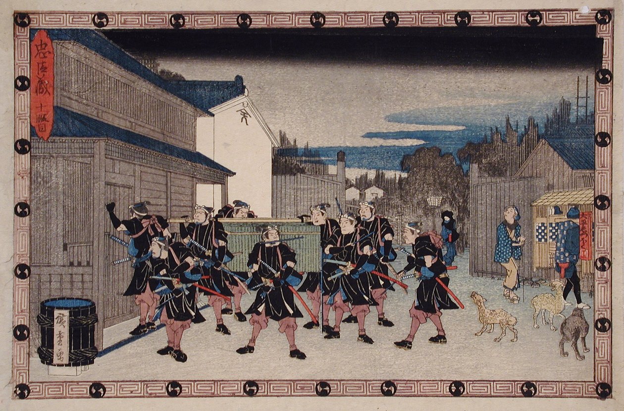 X. näytös: Yuranosuken kätkeneen korin kantava rōnin saapuu Gihein taloon tekijältä Utagawa Hiroshige