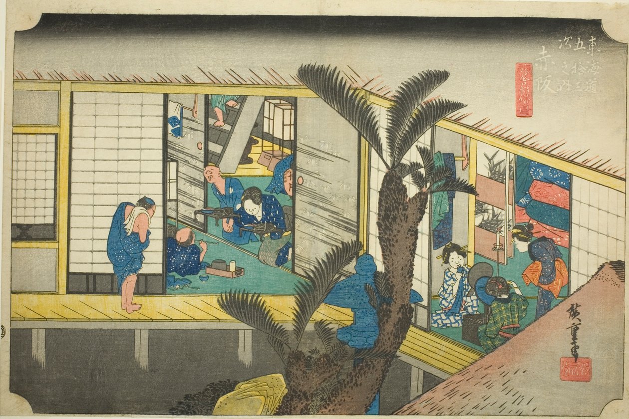 Akasaka: Tarjoilijat majatalossa (Akasaka, ryosha shofu no zu), sarjasta "Fifty-three Stations of the Tokaido (Tokaido gojusan tsugi no uchi)," tunnetaan myös nimellä Hoeido Tokaido tekijältä Utagawa Hiroshige