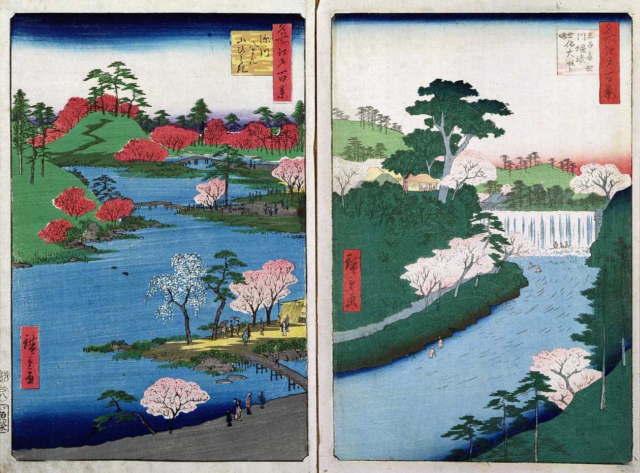 Joen rannalla, kaksi näkymää teoksesta "60-Odd Famous Views of the Provinces", Kosheihei 1853, (värillinen puupiirros). tekijältä Utagawa Hiroshige