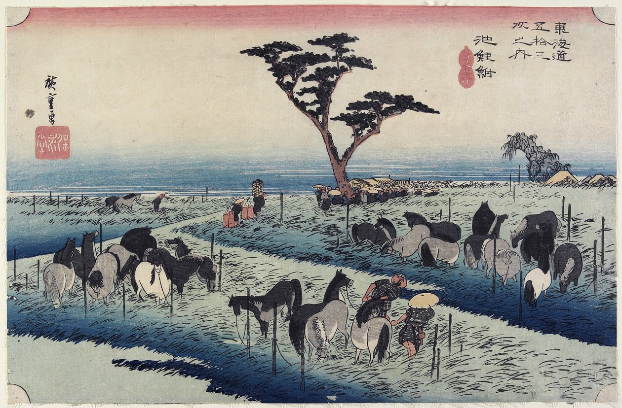 Huhtikuun hevosmessut, Chiryu_, n. 1833 tekijältä Utagawa Hiroshige