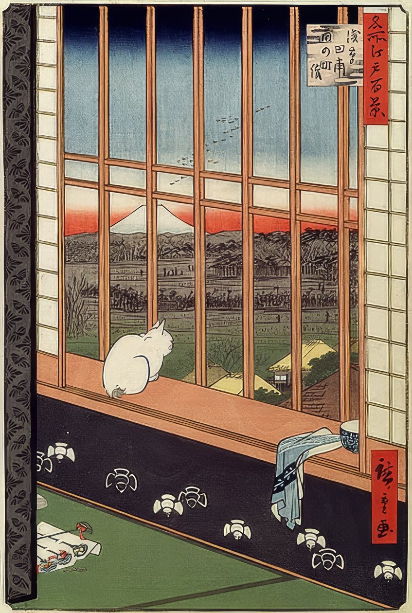 Asakusan riisipellot ja Torinomachin festivaali. Sarjasta: 100 Famous Views of Edo. 1861 tekijältä Utagawa Hiroshige