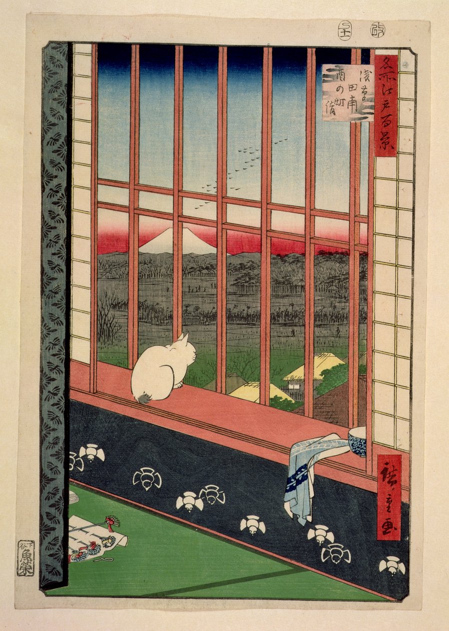 Asakusan riisipellot kukkojuhlan aikana, n. 1857 (värillinen puupainatus) tekijältä Utagawa Hiroshige