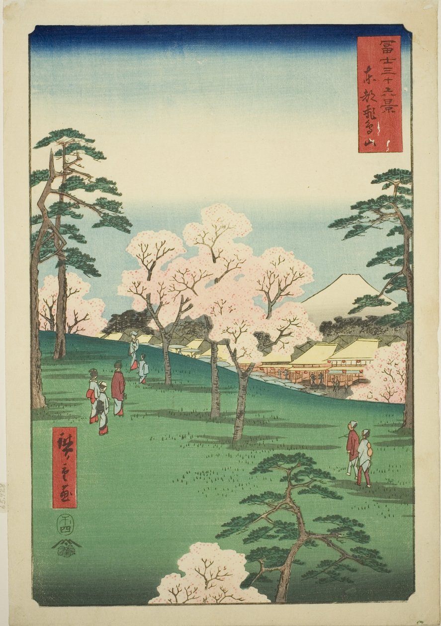 Asuka Hill itäisessä pääkaupungissa (Toto Asukayama), sarjasta "Kolmekymmentäkuusi näkymää Fuji-vuorelle (Fuji sanjurokkei)" tekijältä Utagawa Hiroshige