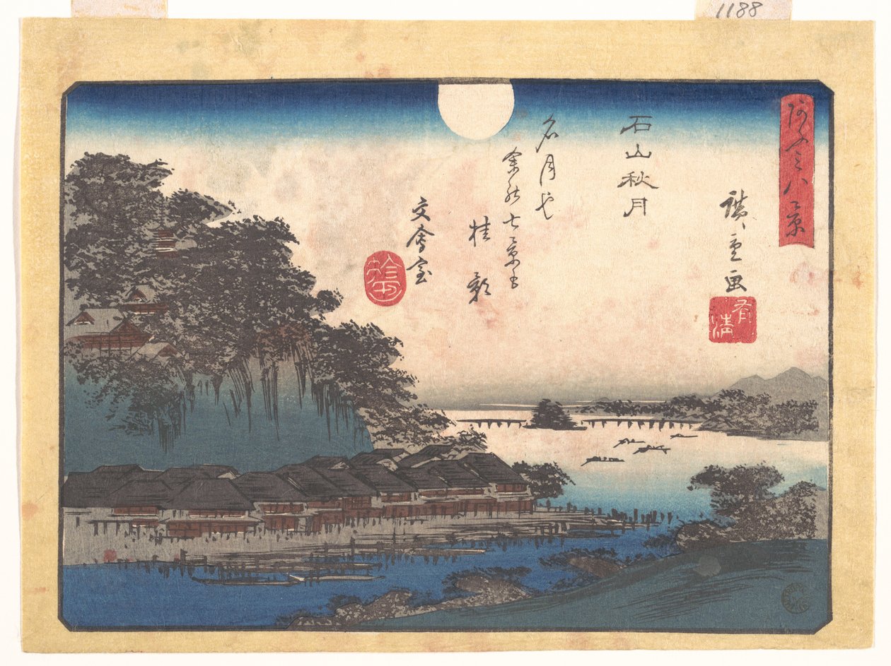 Syyspäivän kuu Ishiyamassa, sarjasta Ōmin kahdeksan näkymää (Ōmi hakkei) tekijältä Utagawa Hiroshige