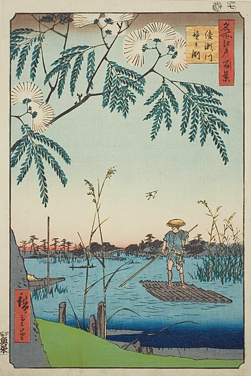 Ayase-joki ja Kanegafuchi (Ayasegawa Kanegafuchi), nro 63 sarjasta "Sata kuuluisaa näkymää Edosta (Meisho Edo hyakkei)". tekijältä Utagawa Hiroshige