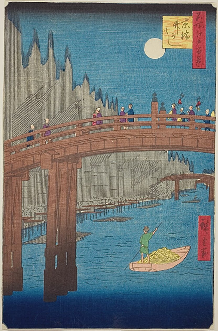 Bambupihat ja Kyon silta (Kyobashi Takegashi), nro 76 sarjasta "Sata kuuluisaa näkymää Edosta (Meisho Edo hyakkei)". tekijältä Utagawa Hiroshige