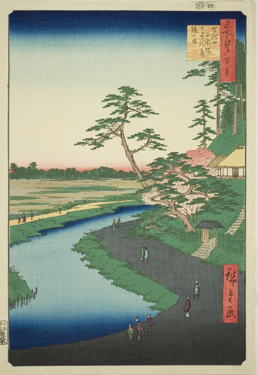 Bashon maja kameliamäellä Sekiguchin vesitien vieressä (Sekiguchi josui-bata Bashoan Tsubakiyama), sarjasta "Sata kuuluisaa näkymää Edosta (Meisho Edo hyakkei)". tekijältä Utagawa Hiroshige