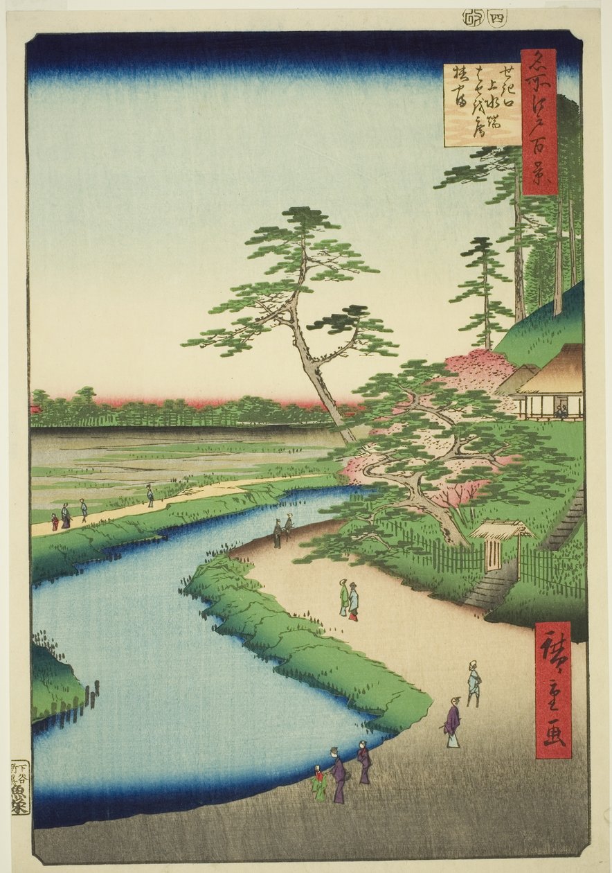 Bashon maja kameliamäellä Sekiguchin vesitien vieressä (Sekiguchi josui-bata Bashoan Tsubakiyama), sarjasta "Sata kuuluisaa näkymää Edosta (Meisho Edo hyakkei)". tekijältä Utagawa Hiroshige