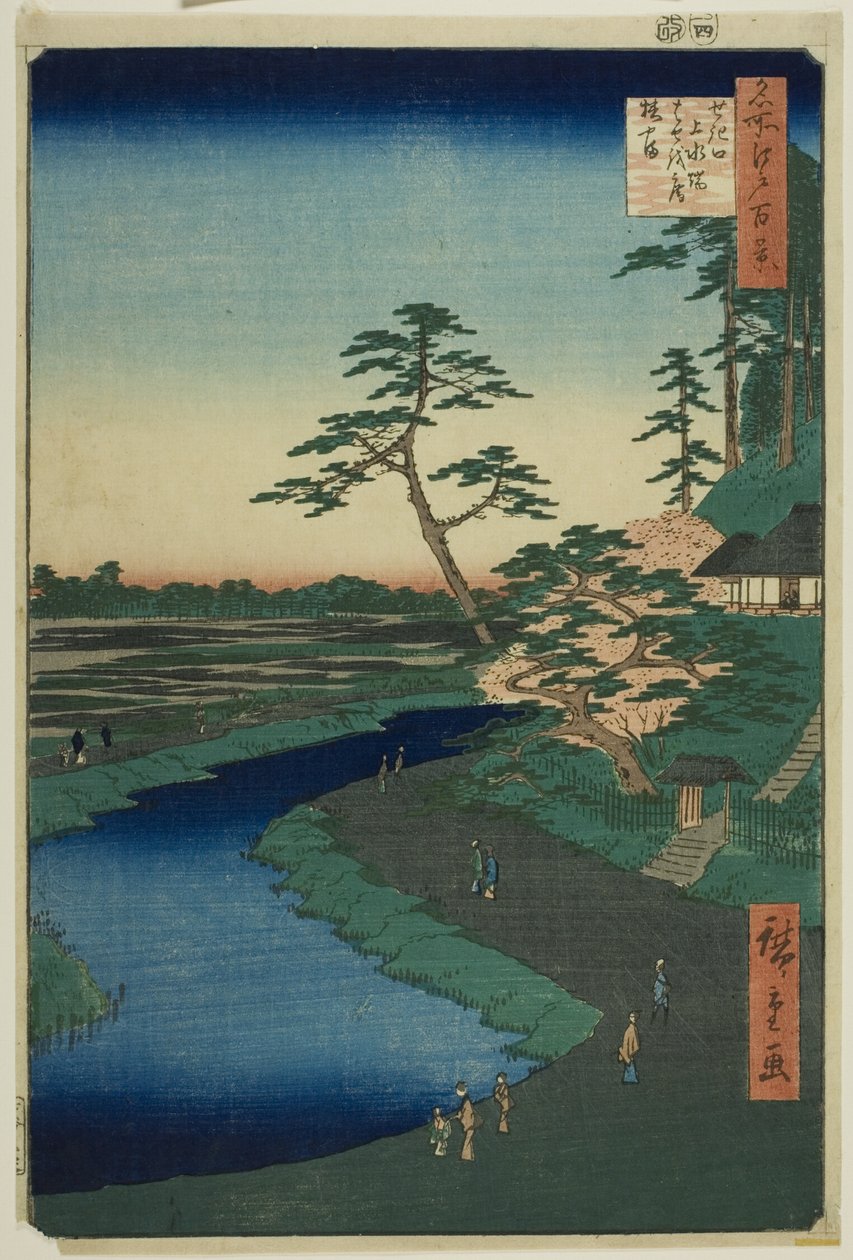 Bashon mökki kameliakukkulalla Sekiguchin vesitien vieressä, sarjasta "Sata kuuluisaa näkymää Edosta (Meisho Edo hyakkei)". tekijältä Utagawa Hiroshige