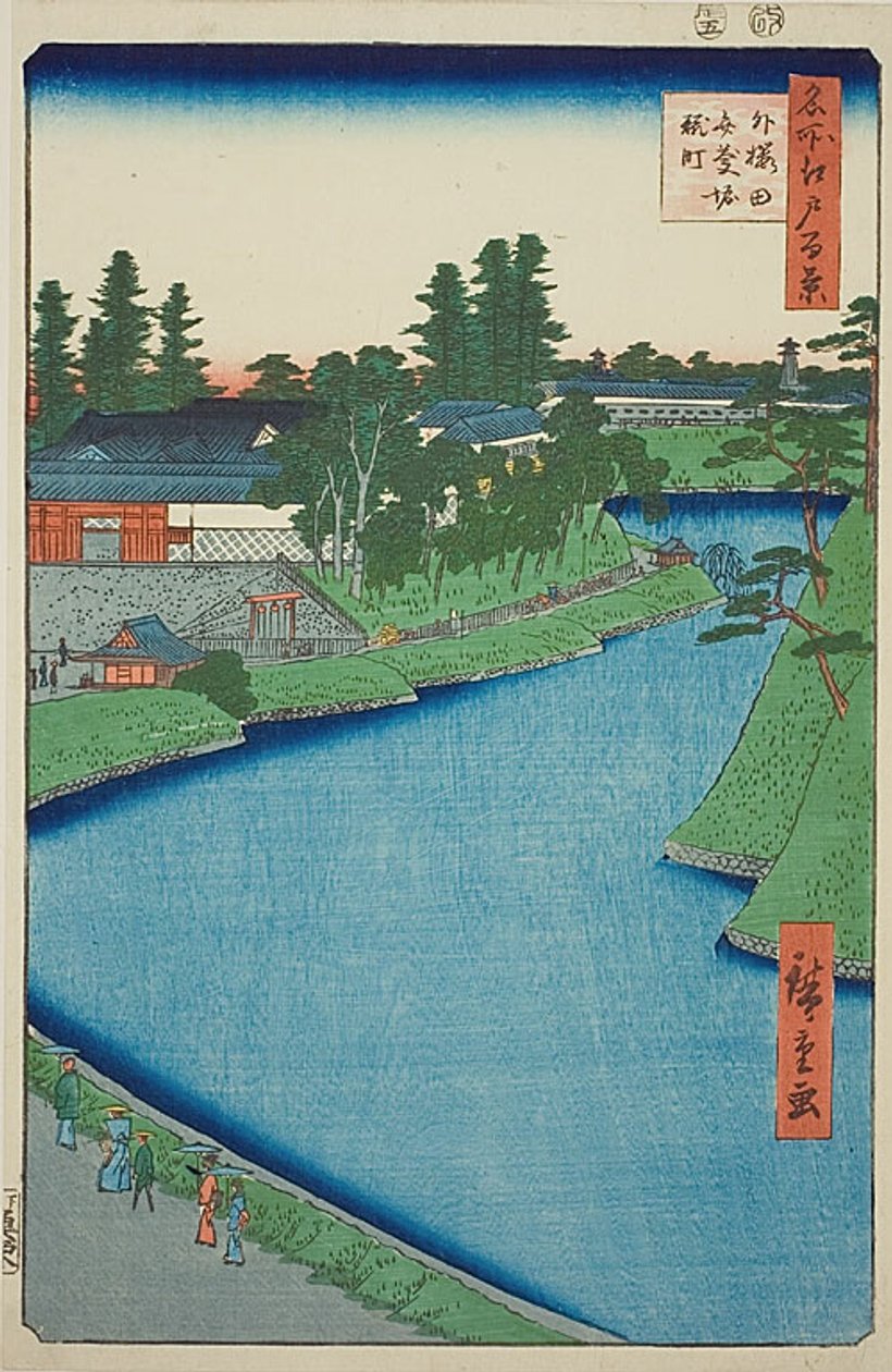 Benkei Moat from Soto-Sakurada to Kojimachi (Soto Sakurada Benkeibori Kojimachi), nro 54 sarjasta "One Hundred Famous Views of Edo (Meisho Edo hyakkei)". tekijältä Utagawa Hiroshige