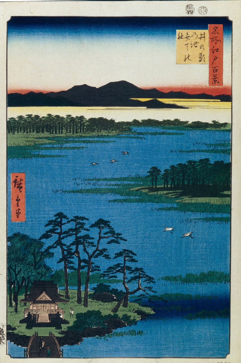 Bentenin pyhäkkö Inokashiran lammen rannalla. Sata kuuluisaa näkemystä Edosta, n. 1858 tekijältä Utagawa Hiroshige