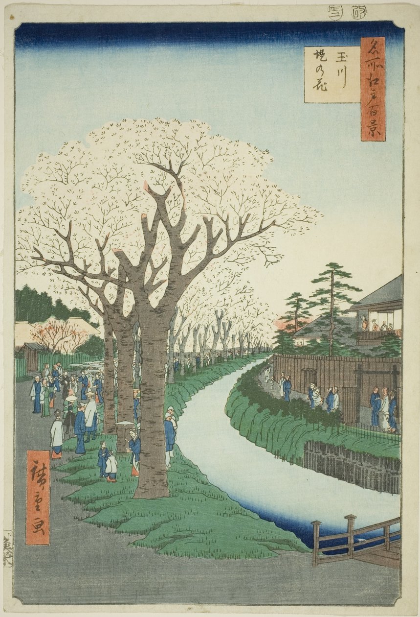 Bosso MS sound te tamari ver kuvaversio k pinta t (Tamagawa Tsutsumi no Hana), sarjasta "Ridge d re d fa net view ws f Edo (One Hundred Famous Views of Edo) )" tekijältä Utagawa Hiroshige