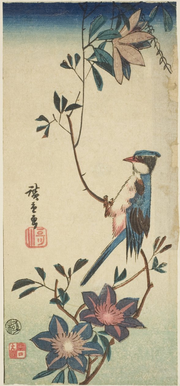 Sininen lintu klematiksen päällä tekijältä Utagawa Hiroshige
