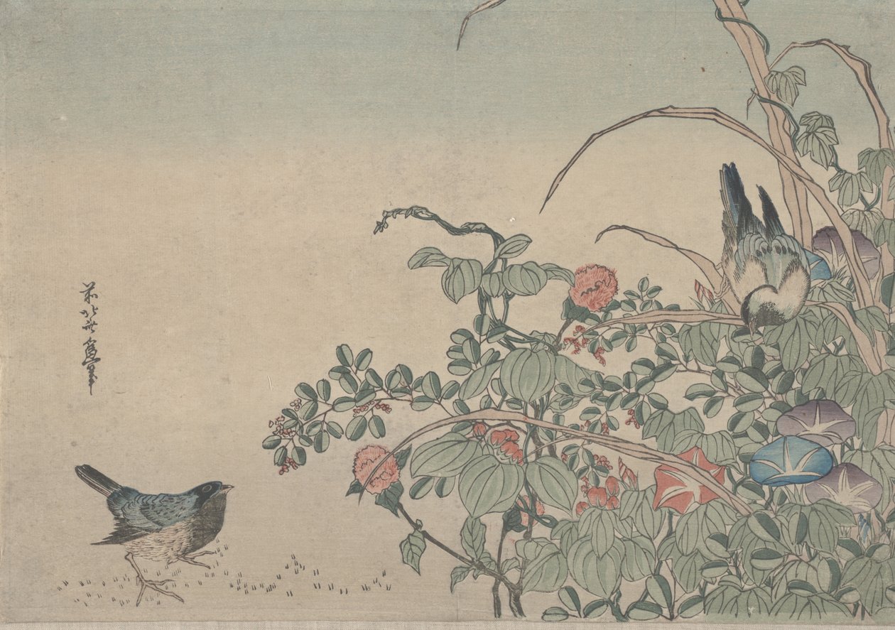 Sinilintuja aamunkoiton ja Lespedezan kanssa, noin 1833. tekijältä Utagawa Hiroshige