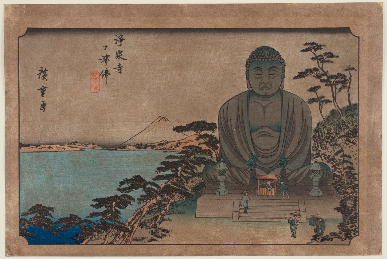 Jōsen-temppelin ulkona sijaitseva buddhalainen veistos: Kamakuran suuri Buddha tekijältä Utagawa Hiroshige