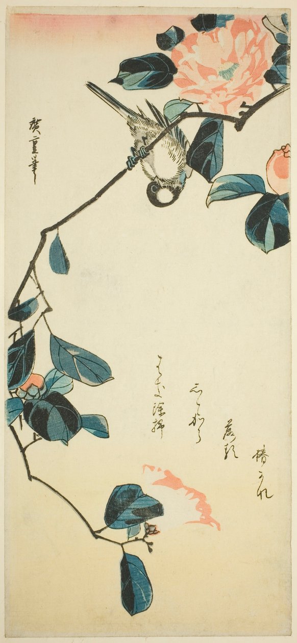 Bullfinch kamelian oksalla tekijältä Utagawa Hiroshige