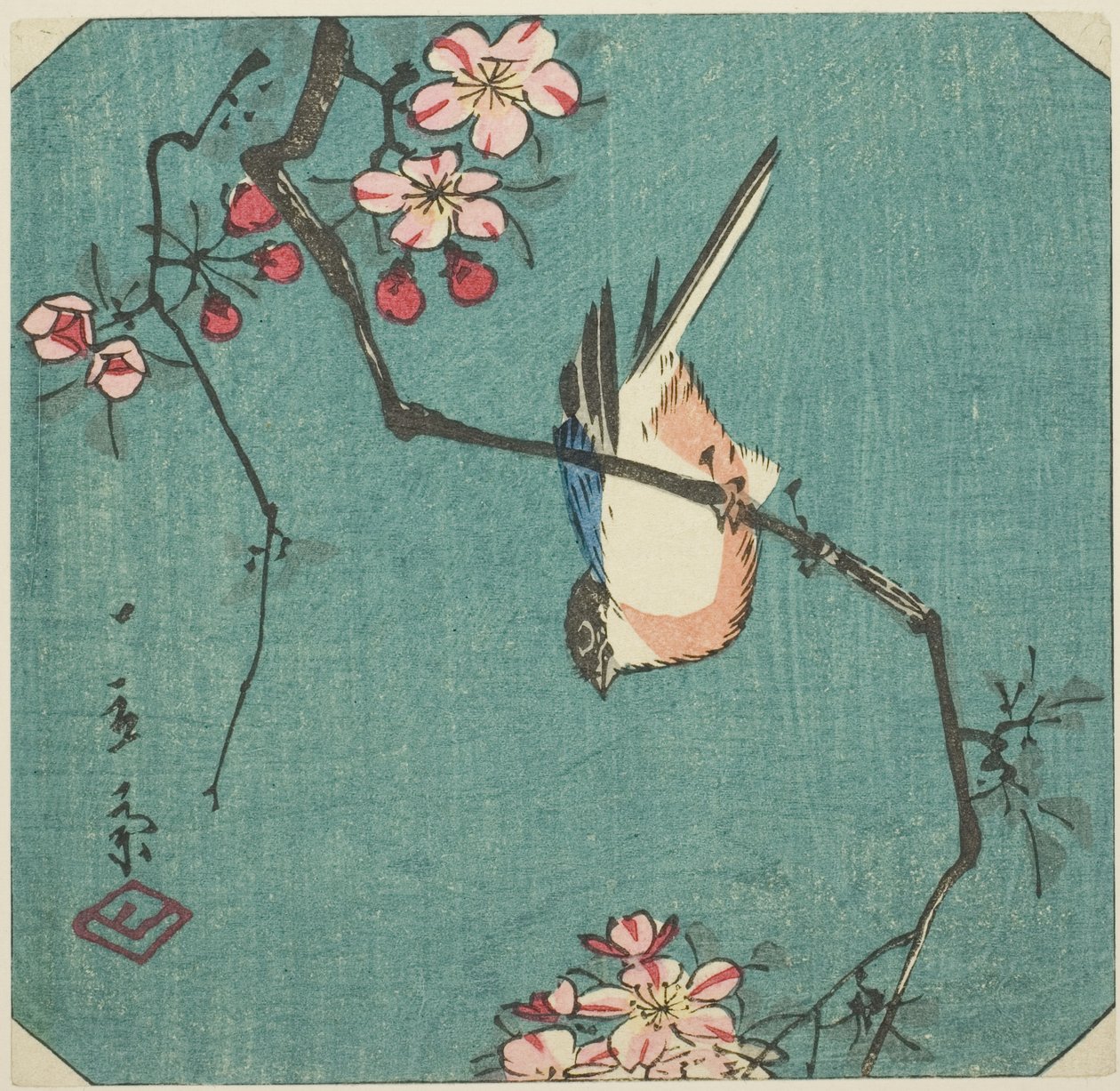 Bullfinch, osa nimettömästä harimaze-printistä tekijältä Utagawa Hiroshige