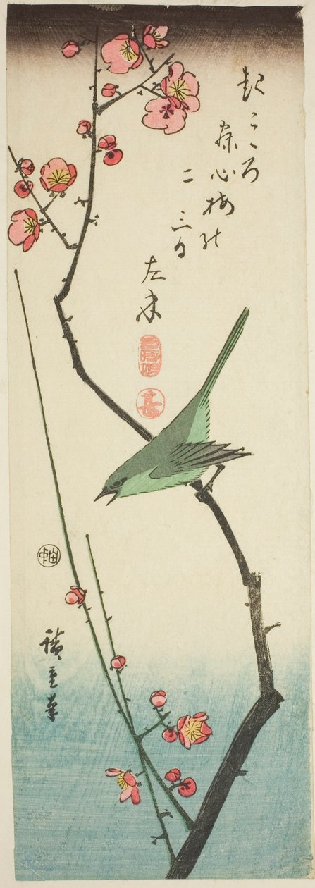 Pensaskirkko luumun oksalla tekijältä Utagawa Hiroshige