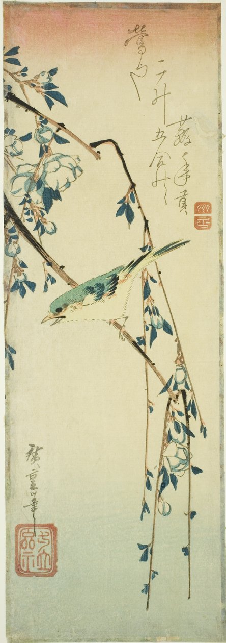 Pensaskirkko luumun oksalla tekijältä Utagawa Hiroshige