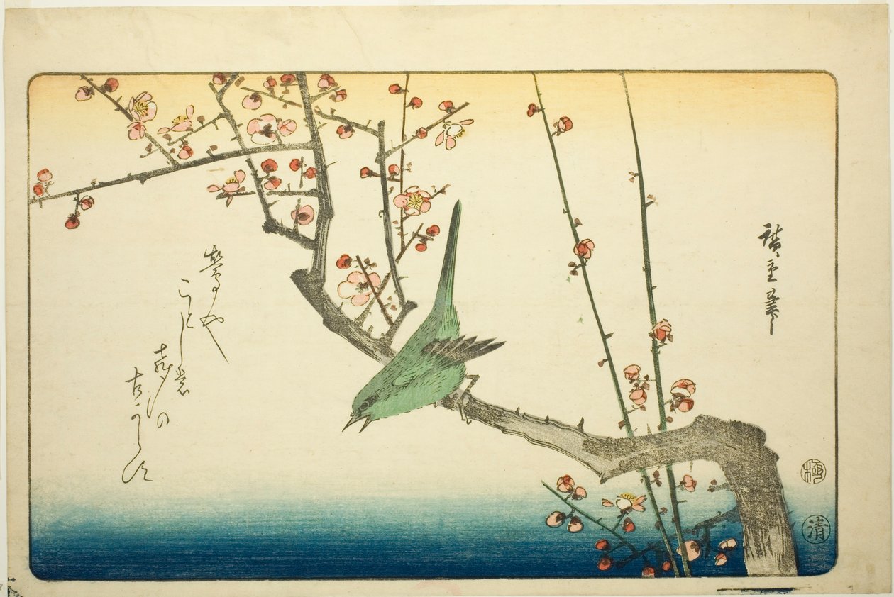 Pensaskirkko luumun oksalla tekijältä Utagawa Hiroshige